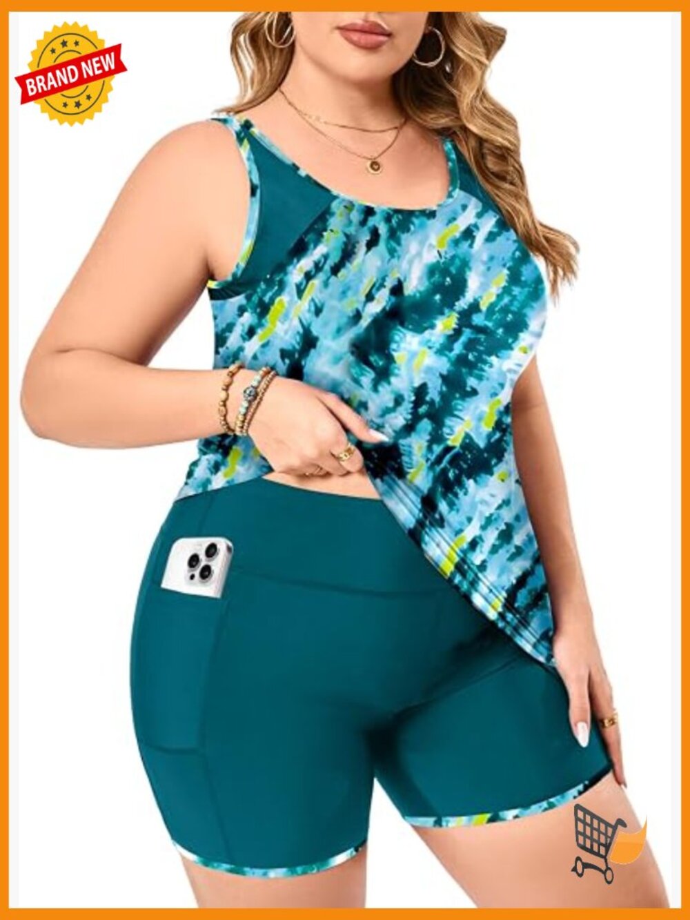 Plus Size Tankini Set with Pockets Boy Shorts Tummy Control Bathing Suit